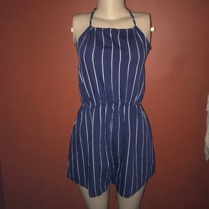 Pinstripe self-tie halter romper